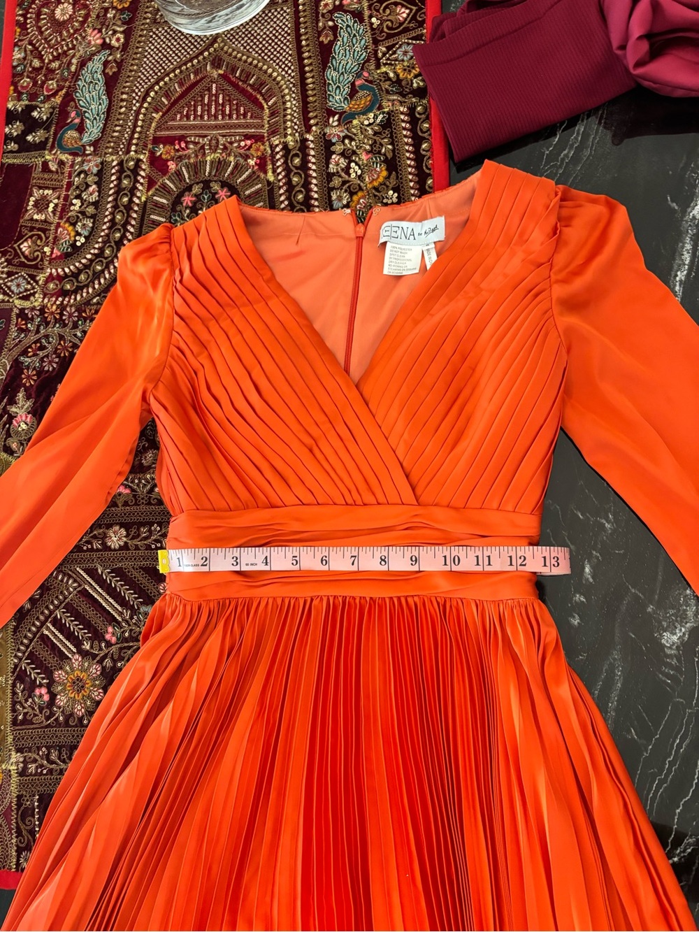 Mac Duggal Orange Pleated V-Neck Long Sleeve Gown
